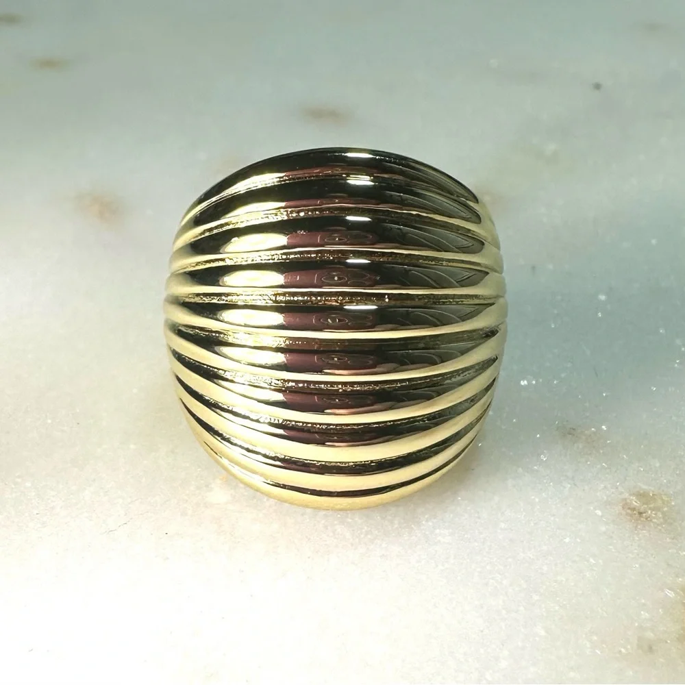 Bellezza 18k Yellow Gold over Bronze Horizontal-Ribbed Wide Band Dome Ring
